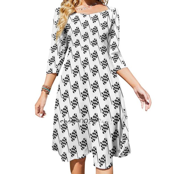 Vestido de cuello cuadrado con bandera a cuadros Vestido de verano dulce Vestido elegante con estampado halter para mujer Concurso de carreras con bandera a cuadros
