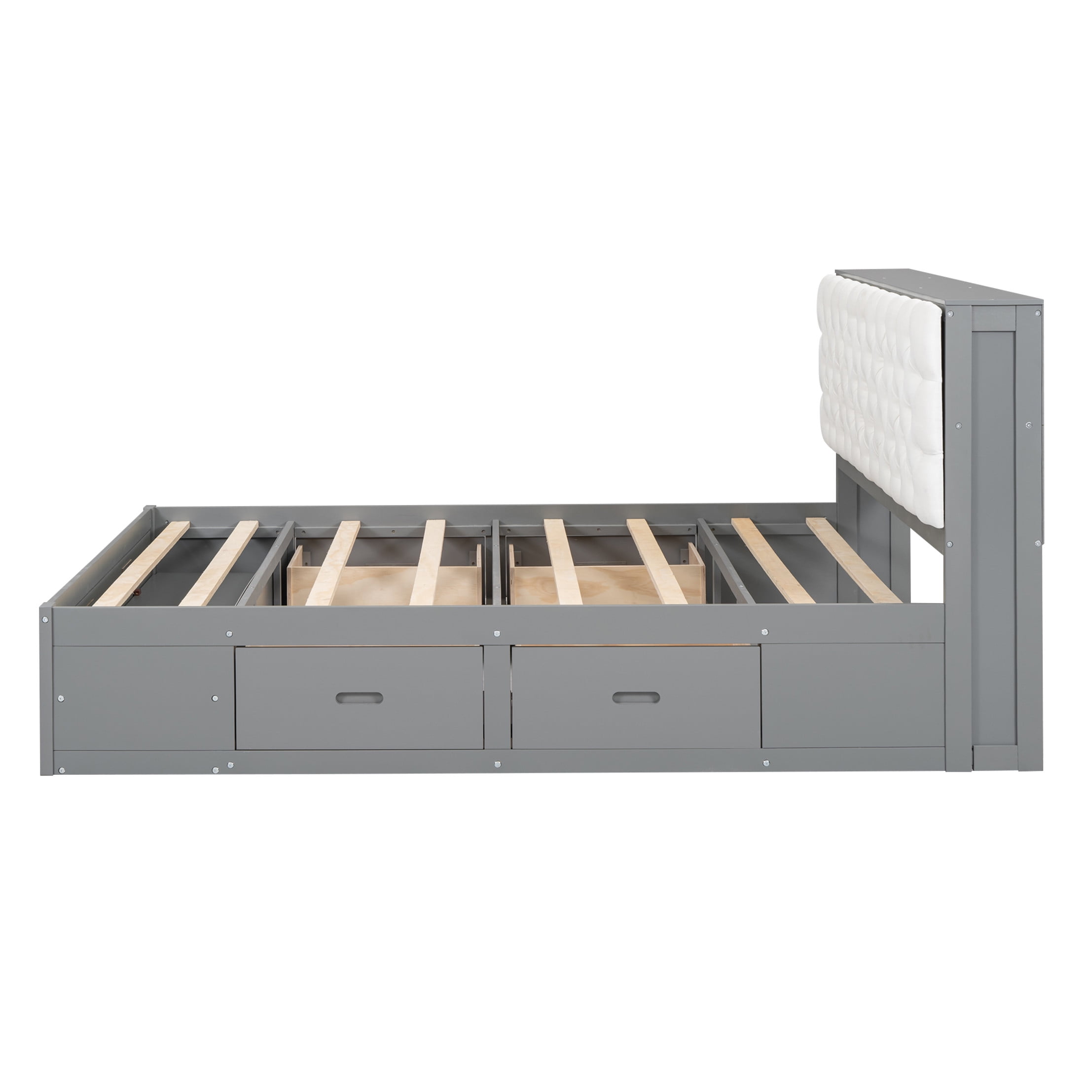 Noble House Norva Queen Size Wood Platform Bed, Storage Headboard with Integrated Drawers and Shoe Rack, Gray