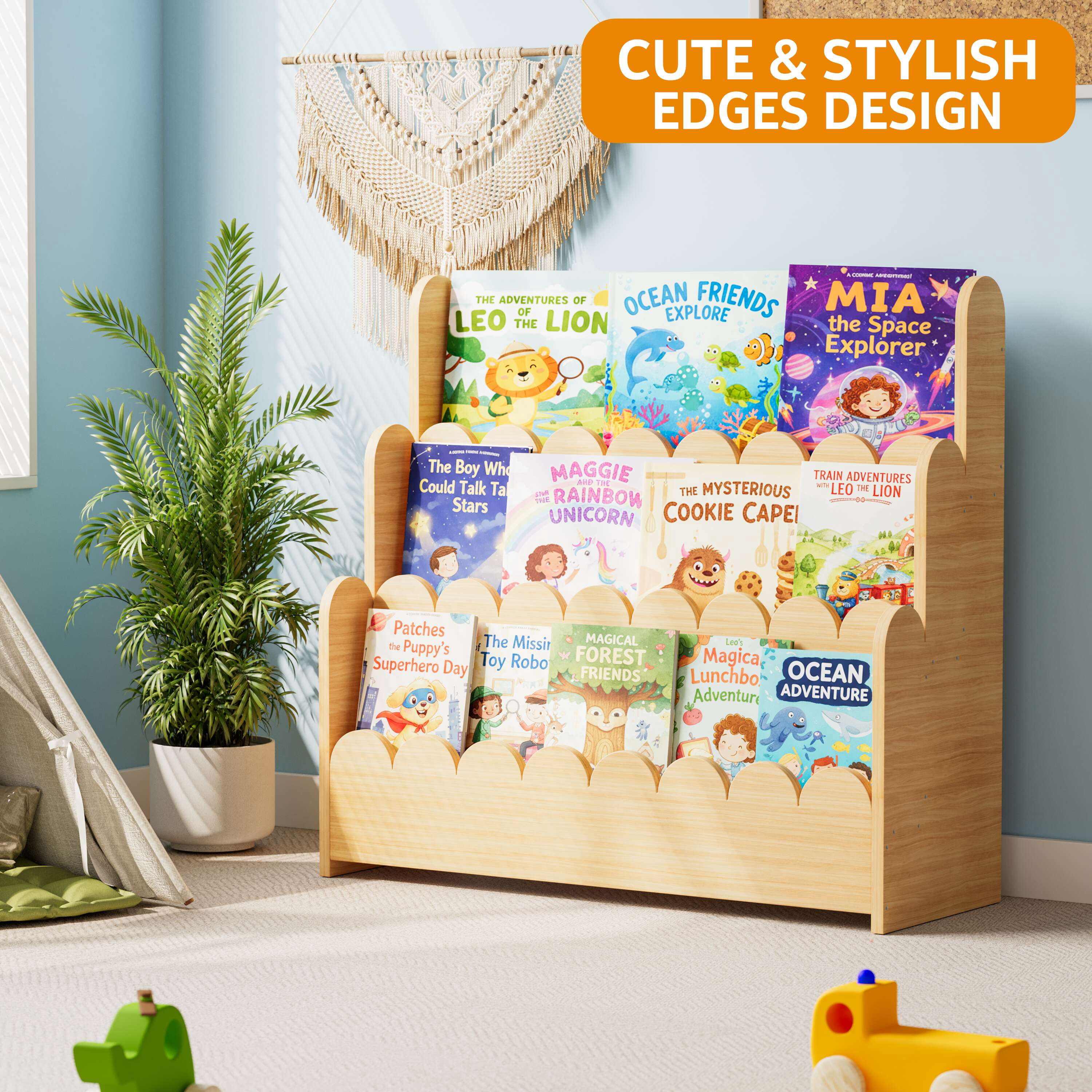 SpaceAid 3 Tier Wood Scalloped Bookshelf, Montessori Bookcase for Toddlers, Natural