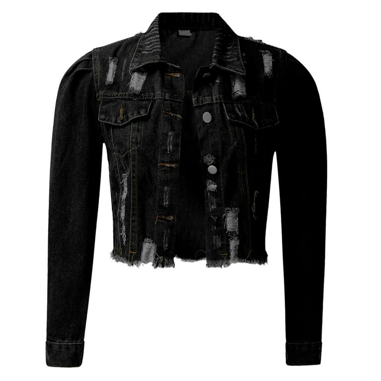 ★ MUCENT★ Crop Damage Black Denim Jacket Denim Jacket P00 Fulijie Women's Jean Jacket Frayed Washed Button Up Cropped