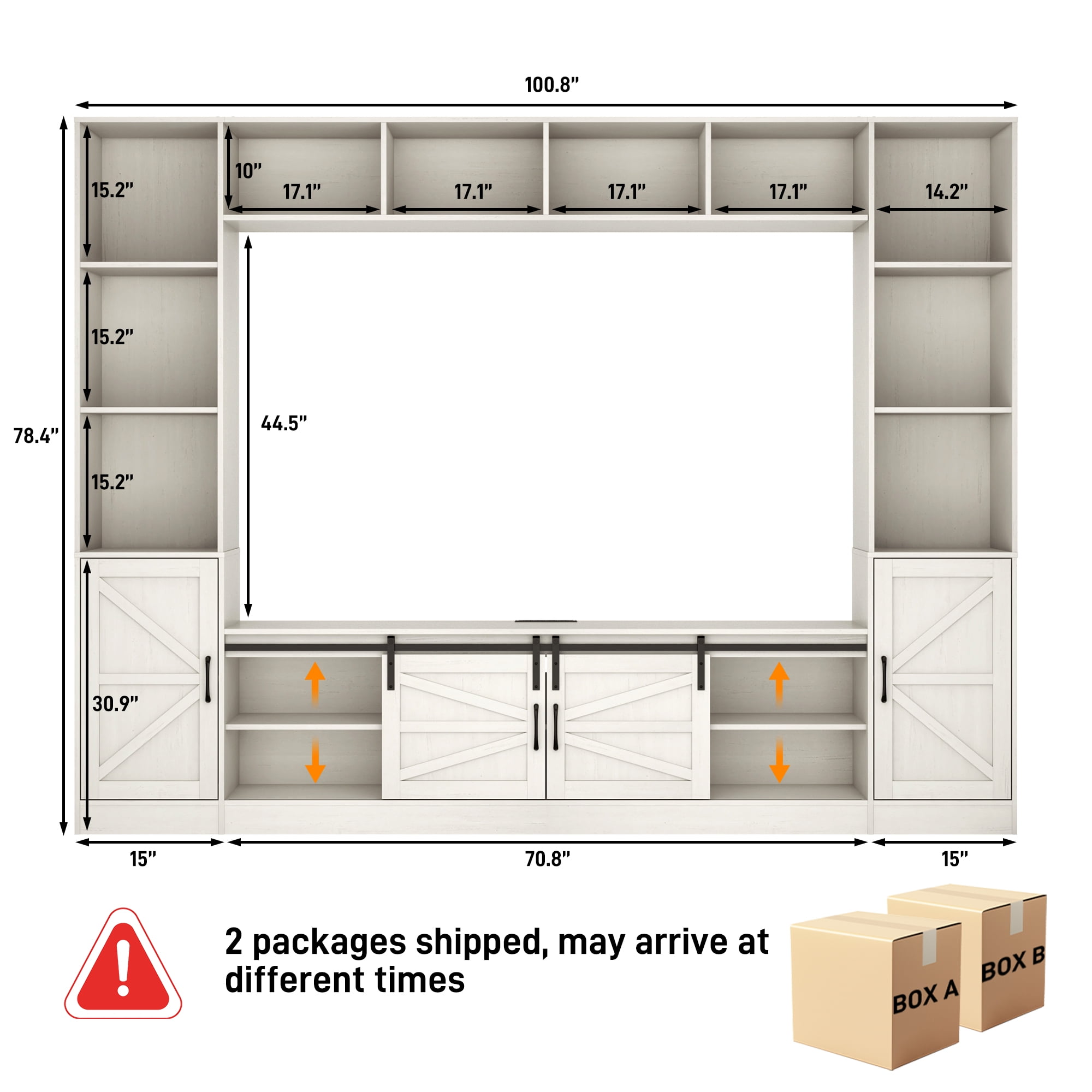 ChVans 103" Rustic TV Farmhouse Wall Unit Entertainment Center for TVs up to 80", Large Wall Unit TV Stand with Bookshelves, Charging Station & Sliding Barn Door Cabinets, White