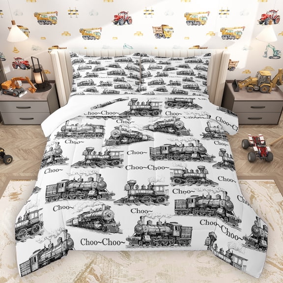 Homewish Train Car Gray White Twin 2-Piece Reversible Teen Boys Super Cozy Vintage Western Vehicle Comforter Set