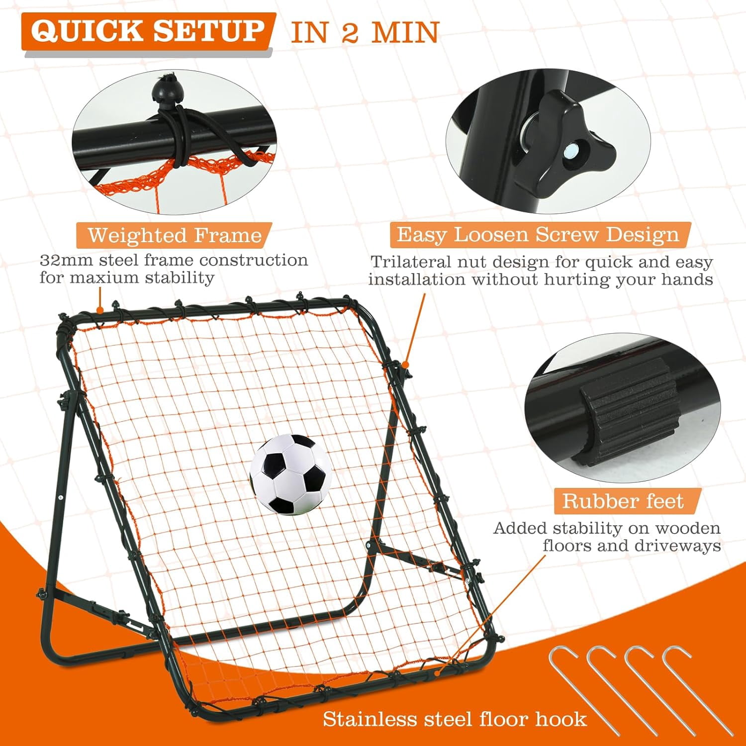 RayChee 3.3×3.3FT Portable Soccer Rebounder, Rebound Net with Quick Folding Design, Multi Angle Adjustment Soccer Training Equipment for Kids
