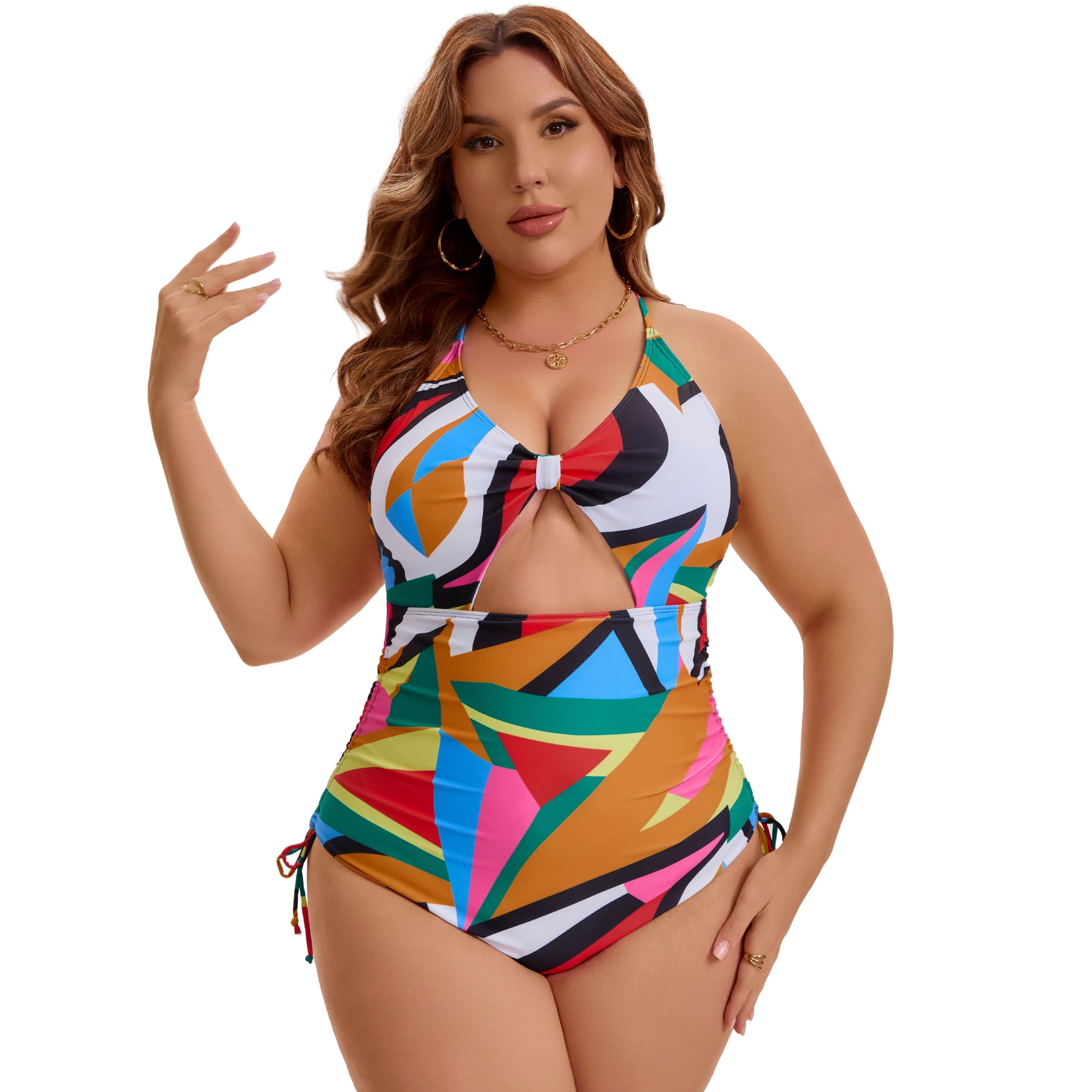DARING DIVA Women's Plus Swimsuit Tummy Control Cutout Monokini 3X Multi Geometric