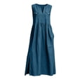 thumbnail image 4 of QUNYINEY Sleeveless Womens Dresses Casual A Line Cotton Linen Blue Long Sundress with Pockets V Neck Summer Loose Fit Dresses, 4 of 6