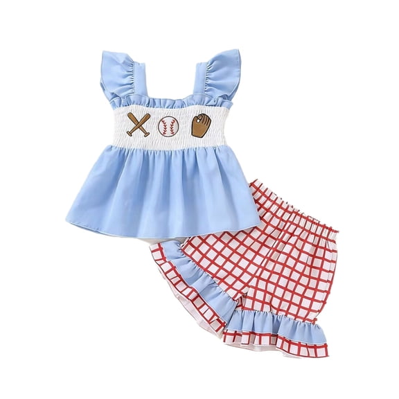 Tiijoy Girls Outfits Baseball Embroidery Sleeveless Top Ruffle Shorts Set, Sizes 6M-4T