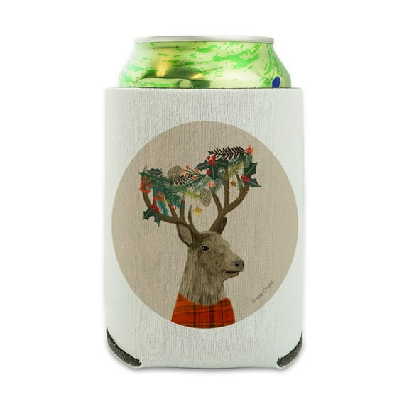 Christmas Tartan Deer and Holly Antlers Can Cooler - Drink Sleeve Hugger Collapsible Insulator - Beverage Insulated Holder
