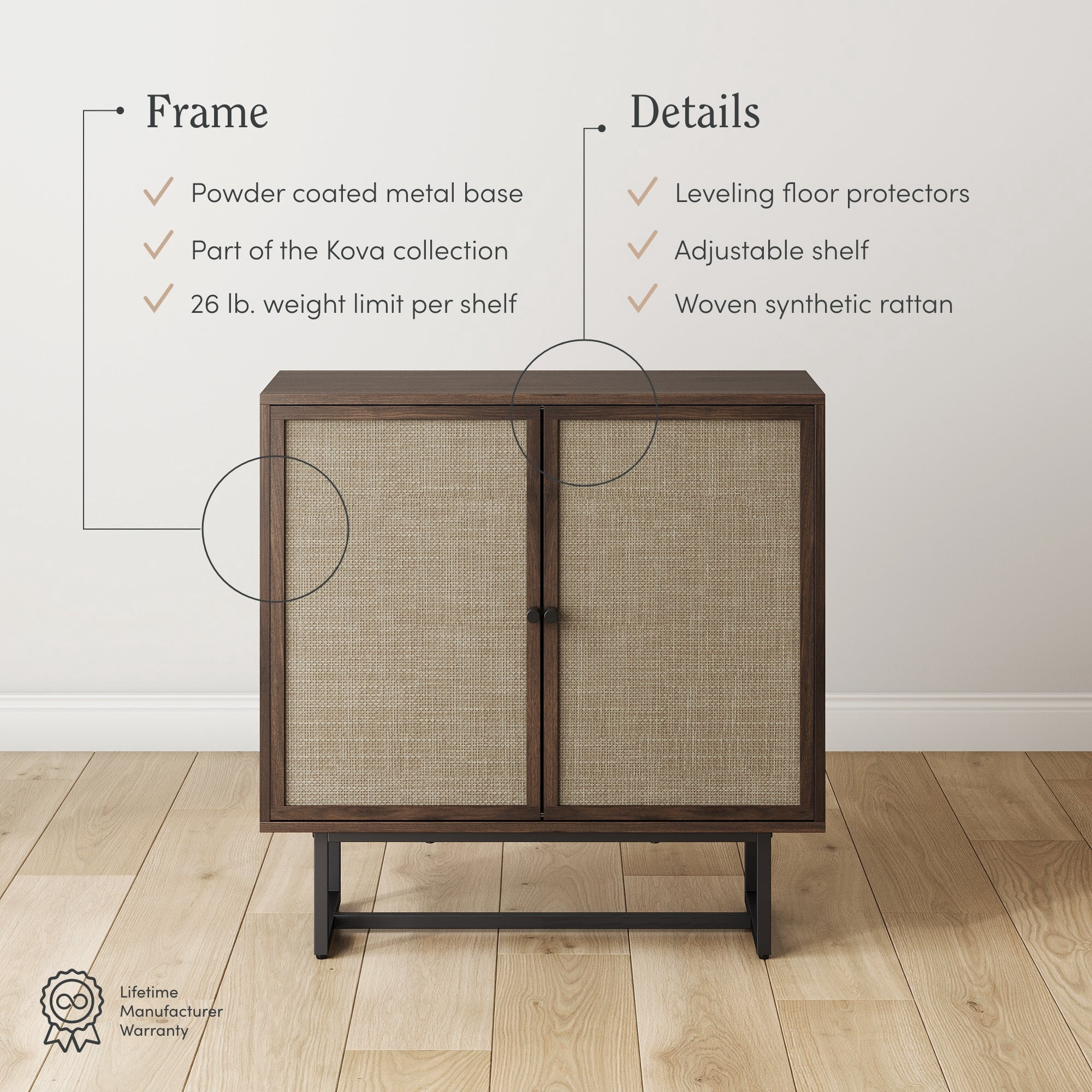 Nathan James Kova Bohemian Rattan Sideboard or Storage Cabinet, Wooden Storage Cabinet with Doors, Walnut Sideboard Buffet or Rattan Accent Storage Cabinet with Matte Black Legs