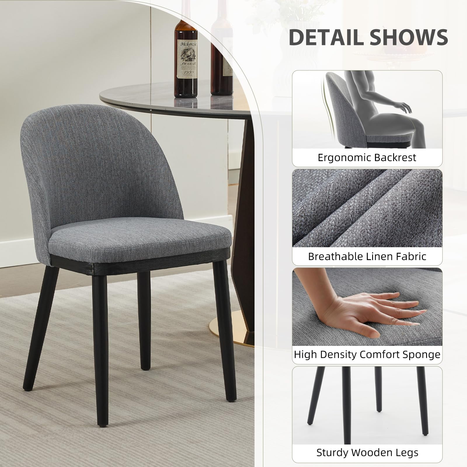 Memoryfield Dining Chairs Set of 2, Modern  Upholstered Kitchen Side Chairs with Curved Backrest, Gray