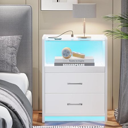 White Nightstand with Charging Station and LED Lights 2 Drawers LED Night Stand with Tempered Glass Tabletop Modern End Side Tables with Pull-Out Tray Open Storage Bedside Tables