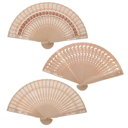 

3pcs Folding Fan Chinese Style Hand Fan Wooden Hollow Curved Folding Fan for Women
