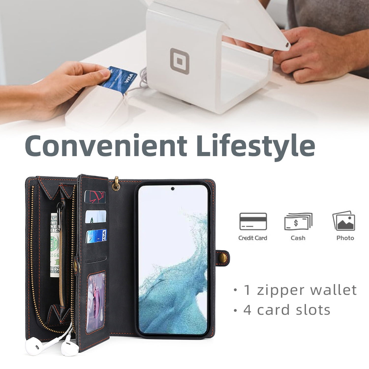 for Samsung Galaxy S25 Plus Case for Women Men, Removable Durable PU Leather Magnetic Flip Strap Wristlet Zipper Purse Card Holder Detachable Wallet Phone Cases for Samsung Galaxy S25 Plus, Black