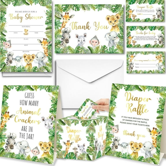 153 Pc Jungle Safari Baby Shower Invitations For Boy Or Girl With Envelopes, Baby Thank You Cards, Book Request Cards, Diaper Raffle Box With Ticket & Sign, Guess How Many Baby Shower Game