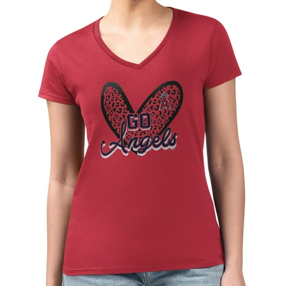 Women's G-III 4Her by Carl Banks Red Los Angeles Angels Super-Slim Fit Lightweight Leopard Heart V-Neck T-Shirt