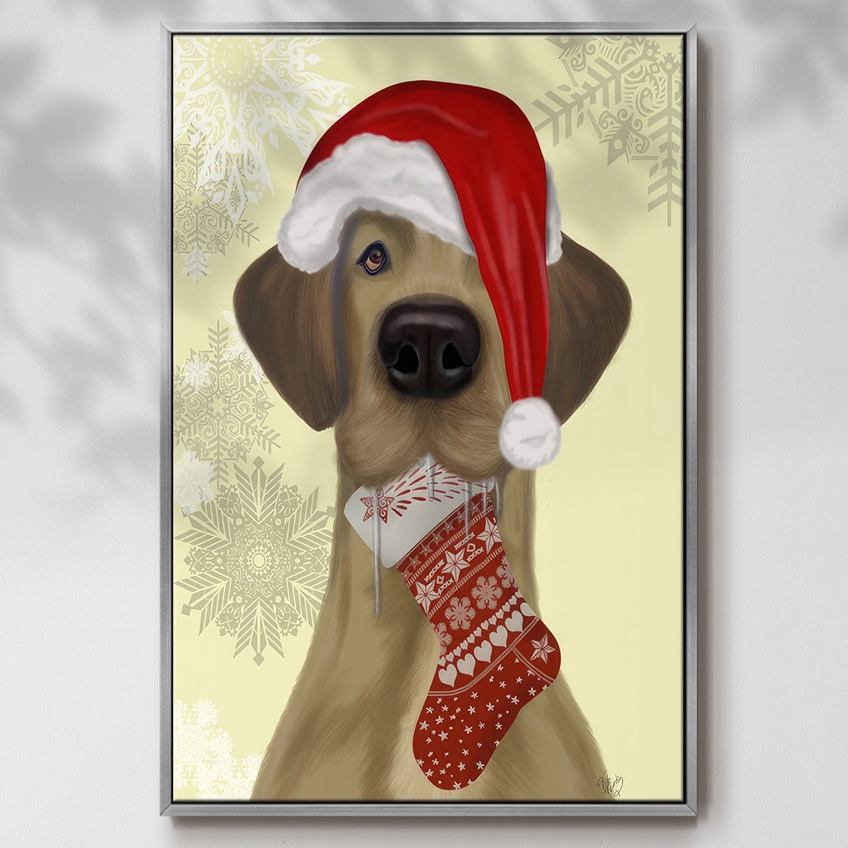 Christmas Drooly Christmas Dane - Framed Gallery Wrapped Holiday Canvas - 25 x 37 - Silver Frame