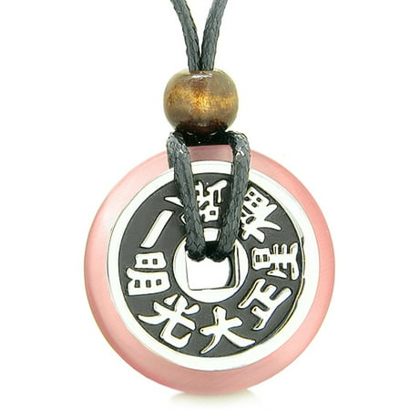 Fortune Cat Lucky Donut - Large Double Lucky Reversible Fortune Coin Donut Pink Simulated Cats Eye Feng Shui Pendant Necklace