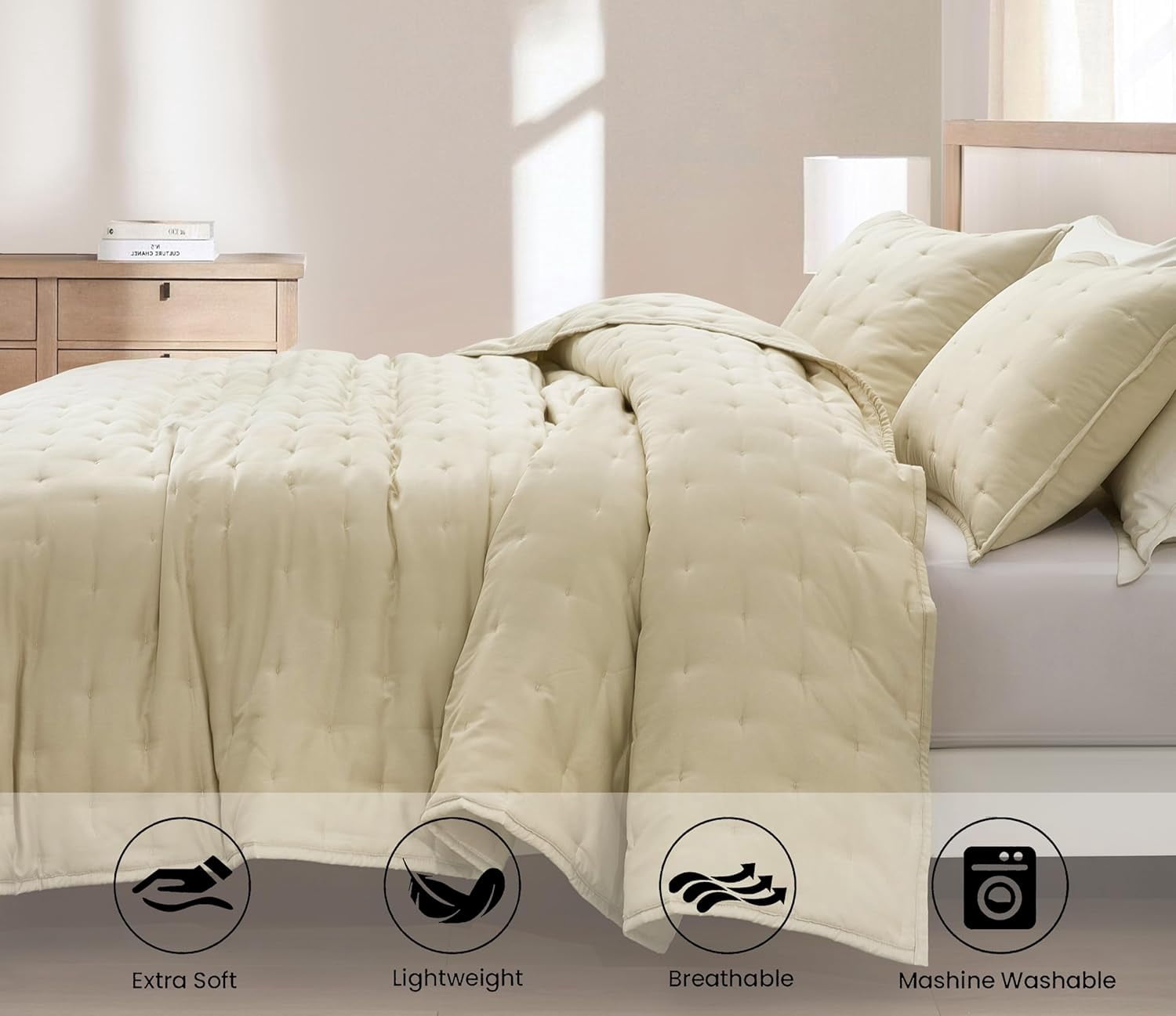 Chezmoi Collection Glen 3-Piece Crescent Stitched Quilt Set, Queen Size, Sand, Rayon Derived from Bamboo & Polyester Blended, Soft Breathable Cooling Bedspread for Hot Sleepers