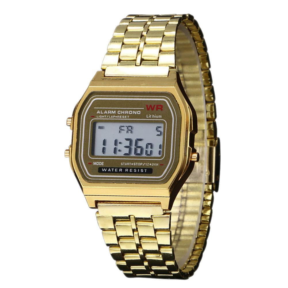 SHUWND Vintage Men Women Stainless Steel Digital Alarm Stopwatch Watch Gold