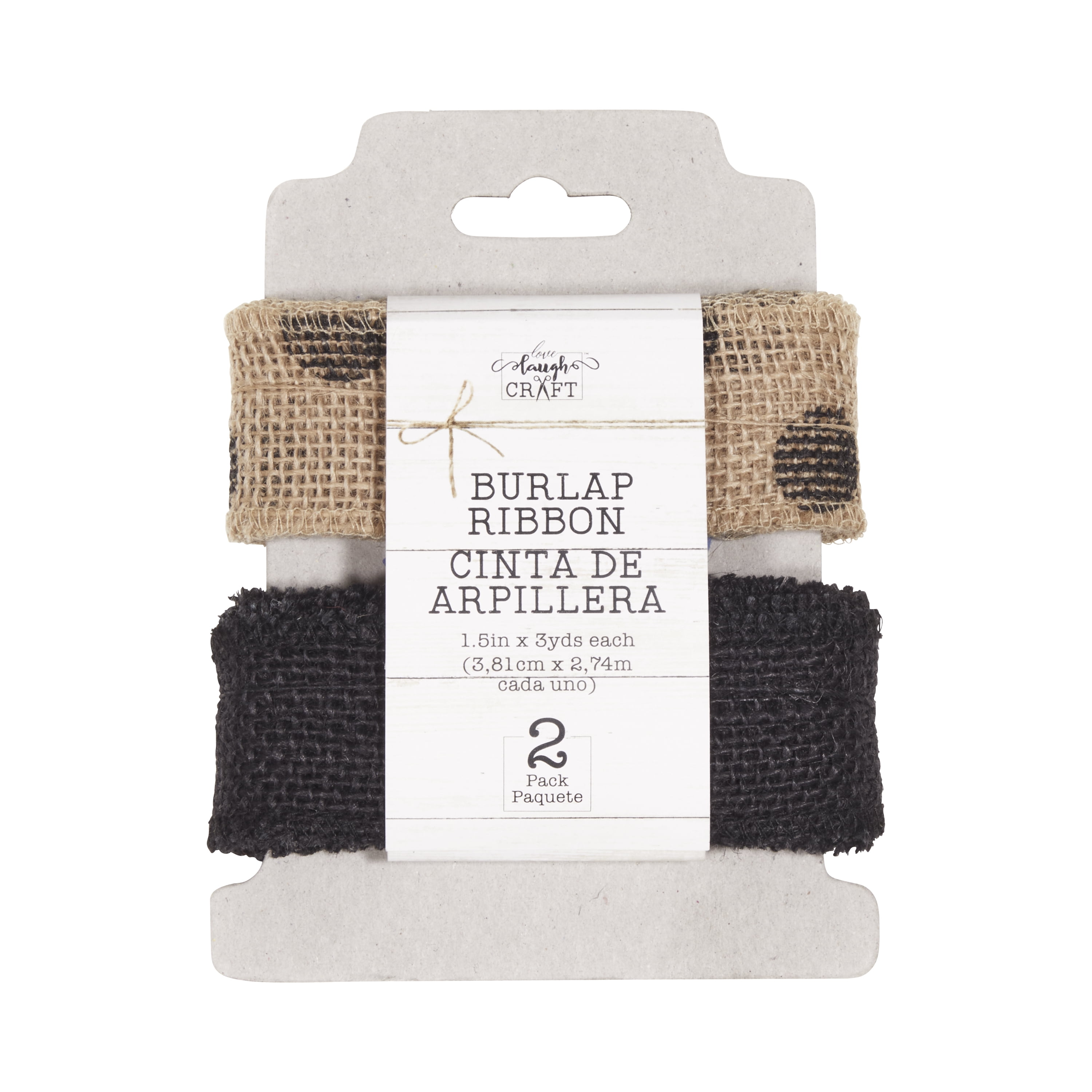 (2 pack) Love, Laugh, Craft Burlap Ribbon Set, 1.5"W x 3-Yds, Natural/Black Dots