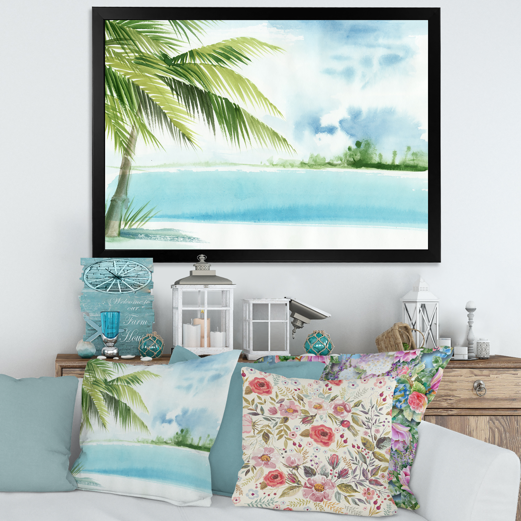 Designart 'Palm Beach Resort At Sunrise I' Nautical & Coastal Framed Art Print