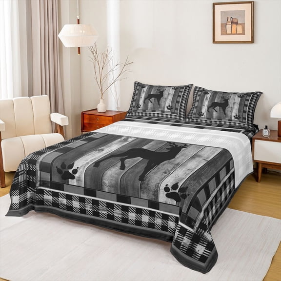 Homewish Rustic Moose Deer Twin Sheet Sets for Adult, Grey Wooden Plank Twin Fitted Sheet, Vintage Checkered Buffalo Flat Sheet, Breathable Home Decor, 3-Piece