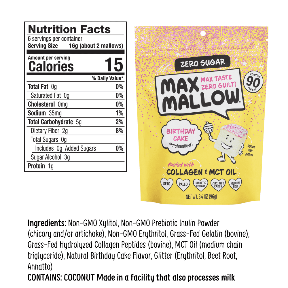(3 pack) Know Brainer Max Mallow Birthday w Fun Glitter -Guilt-Free & Zero Sugar Marshmallows -Low Carb and Zero Fat