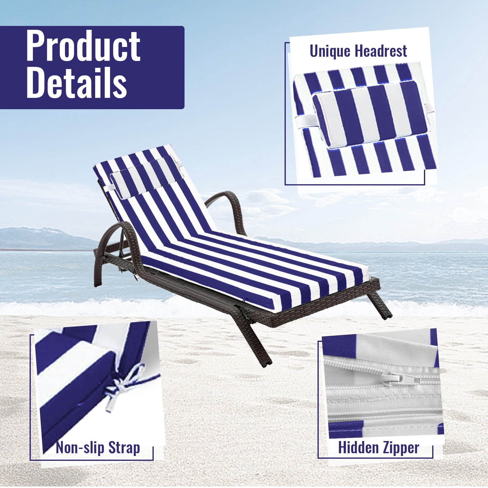 SDJPOI Outdoor Chaise Lounge Cushions, 72×21×3in Patio Chair Cushion for Pool & Beach（Blue White）