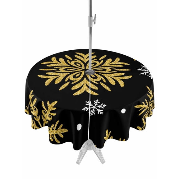 Outdoor Tablecloth with Umbrella Hole and Zipper, Black Christmas Round Table Cloth 54 Inch Waterproof Tablecloth, Winter Xmas Snowflakes Textured Picnic Table Cover for Patio Camping