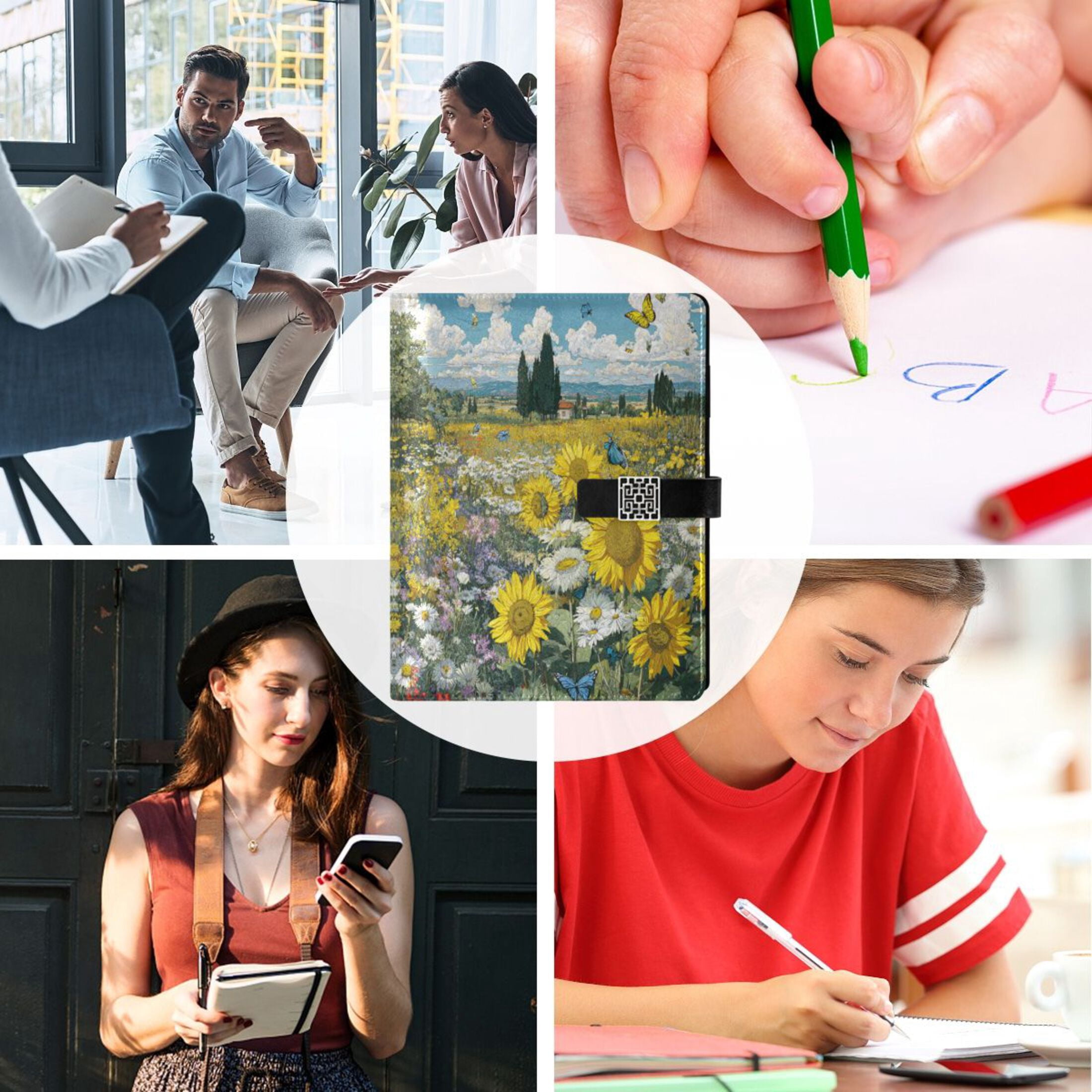 Leather Planner Leather Notebook Notebook Journal Binder Design Pen Pocket Design Convenient for Storage Sunflower Field Butterflies