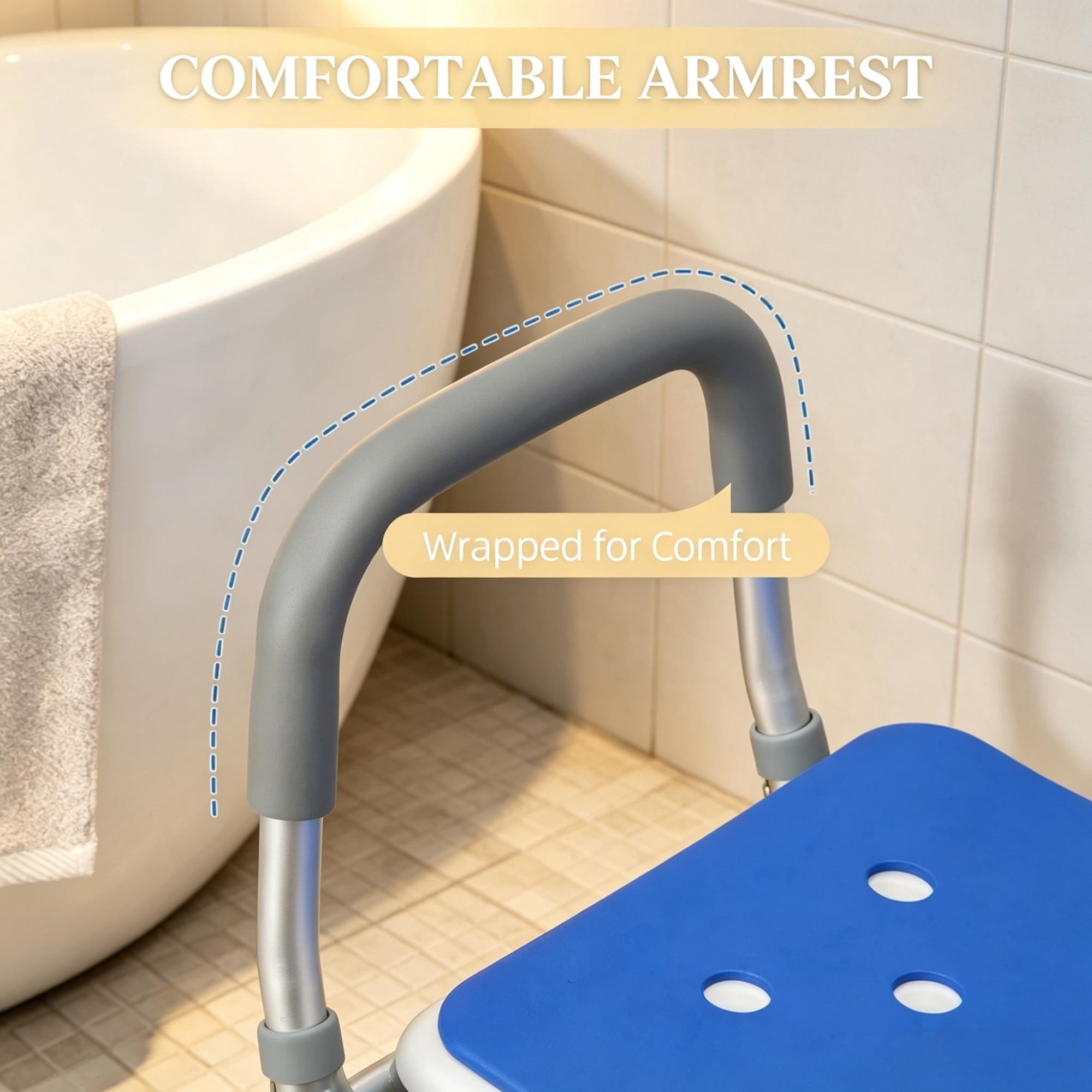 Adjustable Height Padded Shower Chair with Arms And Back Anti-slip Bath Seat for Seniors And Disabled Tool-Free Assembly, 299lbs