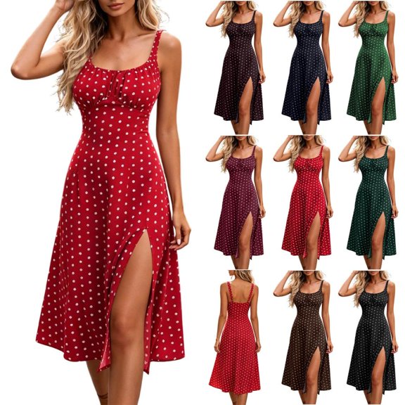 Bxsruta Womens Sundress Polka Dot Midi Dress Slit Summer Casual Dresses