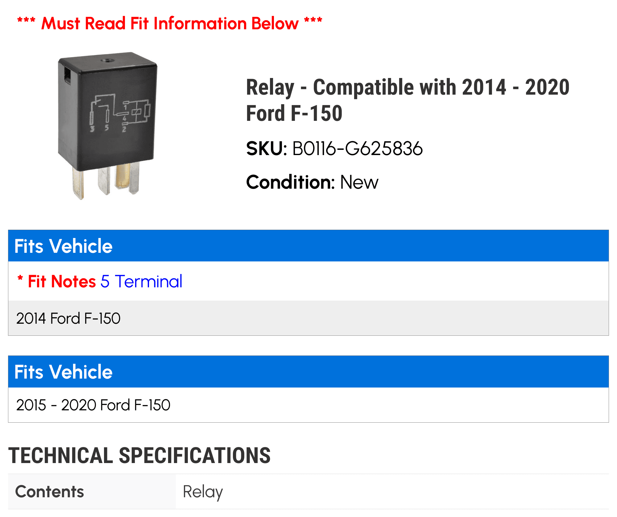 Relay - Compatible with 2014 - 2020 Ford F-150 2015 2016 2017 2018 2019
