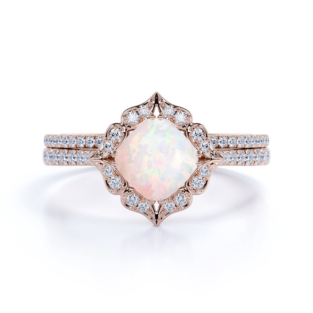 Jeenmata 1 75 Ct Cushion Blue Fire Opal And Diamond Engagement Ring Set In 10k Rose Gold Walmart Com Walmart Com