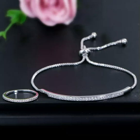 Adjustable Yellow Gold Plated Cubic Zirconia Ring Bracelet Fashion Jewelry Set