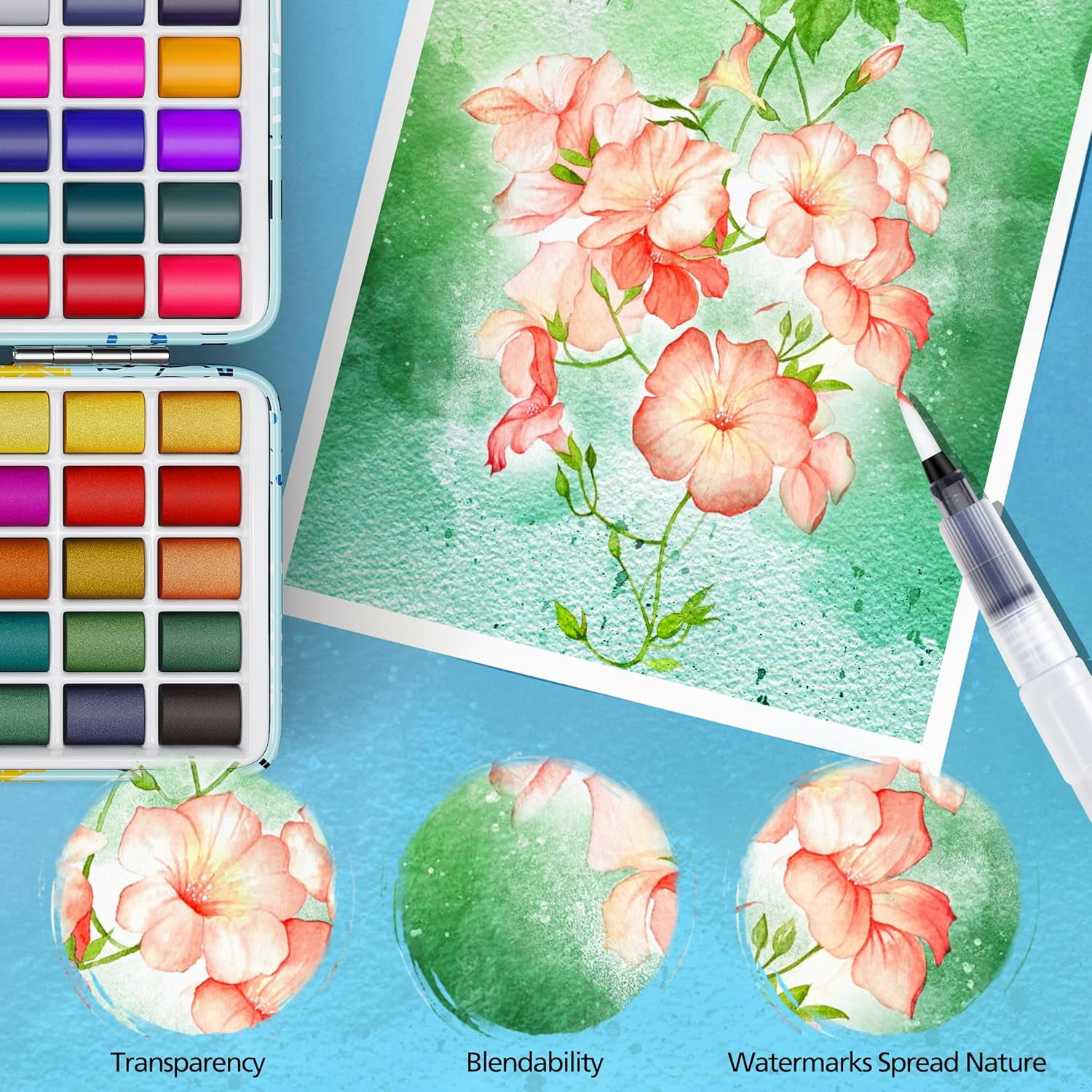 Caliart Watercolor Paint Set, 50 Colors Portable Travel Water Color Palette Kit with Detail Paint Brush, Art Supplies for Painting Coloring, Christmas Gifts for Artist Adult Teen Girls Boys Beginners