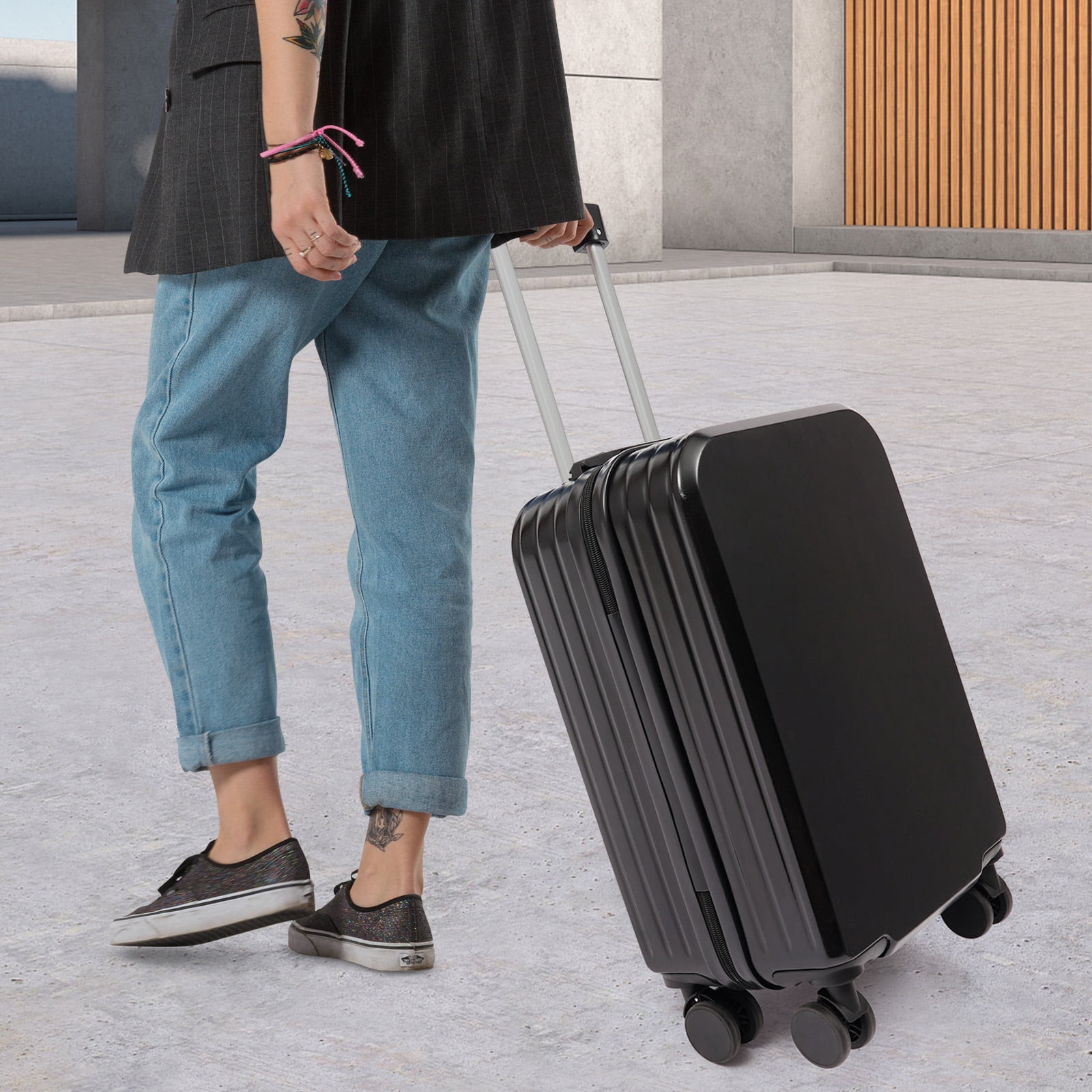 20" Travel Luggage Suitcase Black Carry On Luggage, Suitcase with Cup Holder