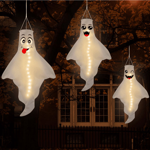 3PCS Halloween Decorations Outdoor Ghost Windsock LED Hanging Decor - Hallowmas Wind Sock Tree Yard Party Ornaments（No Batteries & No Timer）