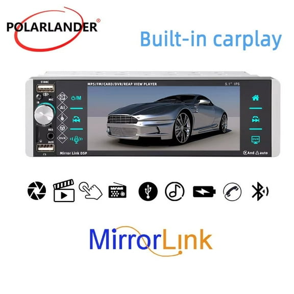 MP4 Mirrorlink Car Multimedia Player Bluetooth 1 Din Carplay/Android Auto 4-USB MP5 5.1 Inches FM Touch ​Screen