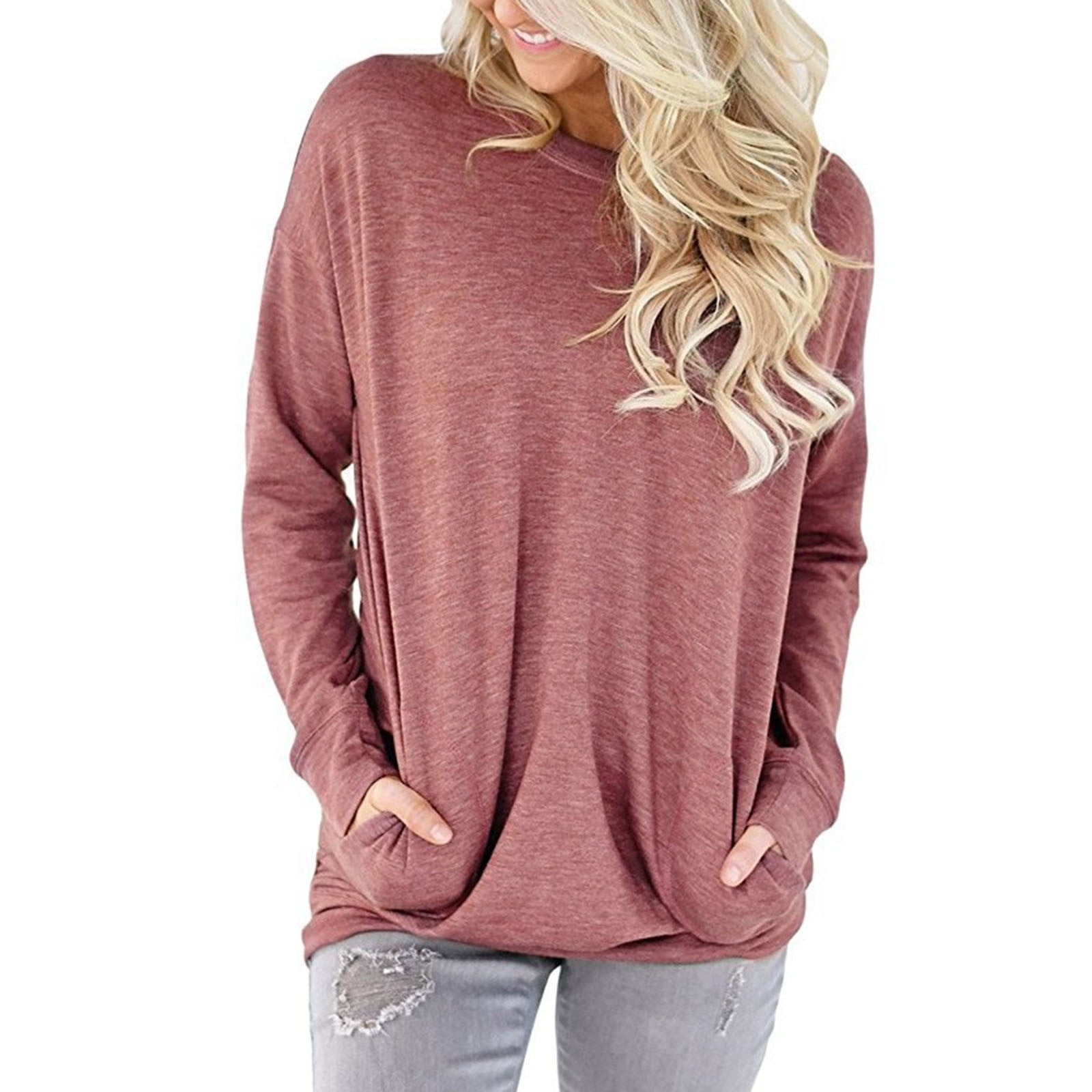 Rrive Womens Long Sleeve Solid Sweatshirt with Pockets Casual Loose T-Shirt Blouse Top