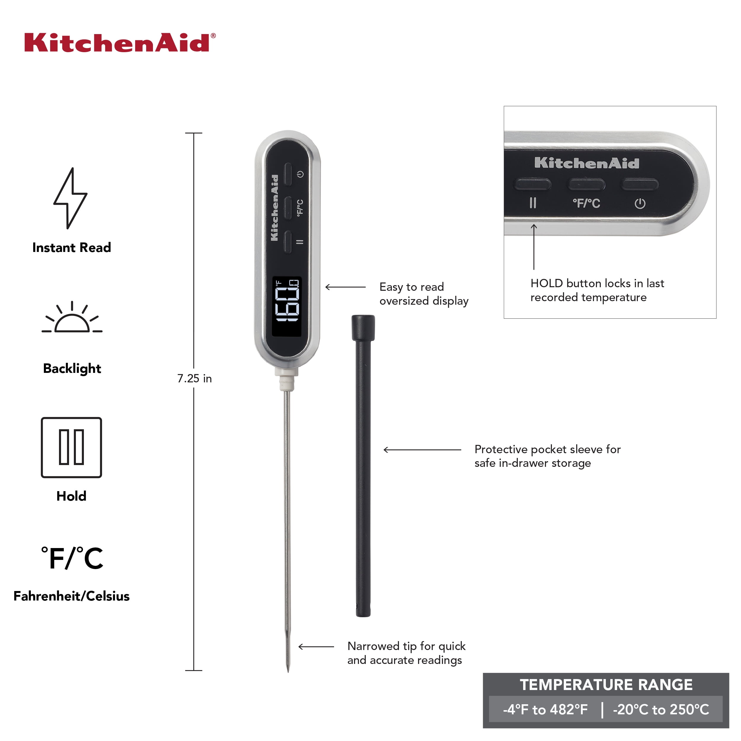 KitchenAid Rapid Response Digital Food Thermometer, -4F to 482F/-20C to 250C, Black, KQ905