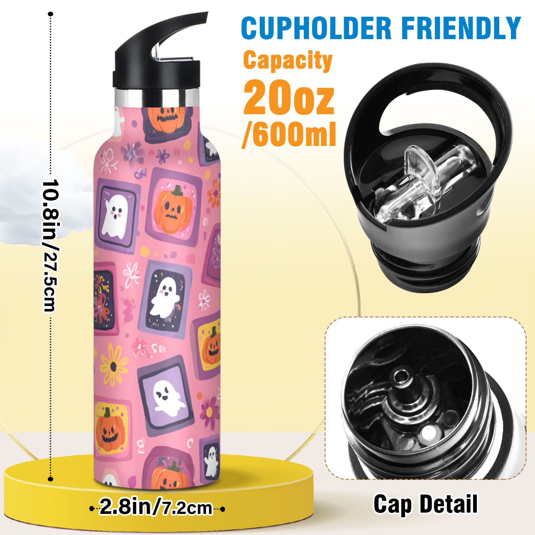 Kids Insulated Stainless Steel Sports Water Bottle 600ml (20oz) Colorful Cartoon Halloween Icons