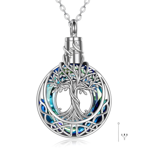 JUSORA Tree of Life Urn Necklace for Ashes 925 Sterling Silver Family Tree Crystal Necklace Cremation Pendant Memorial Jewelry Gifts for Women Men