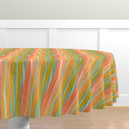 

Cotton Sateen Tablecloth 90 Round - Mid Century Wavy Stripes Coral Orange Mint Blue Sage Green Print Custom Table Linens by Spoonflower