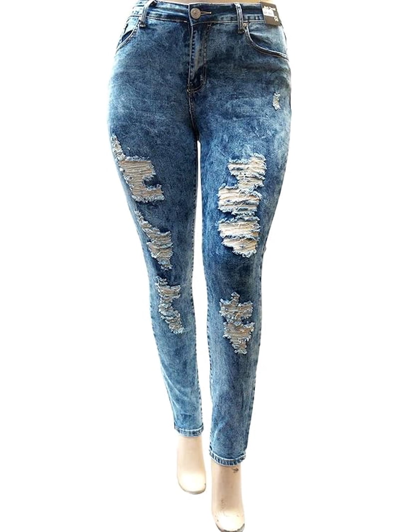 Jack David Women's Plus Size Stretch Distressed Ripped Blue Skinny