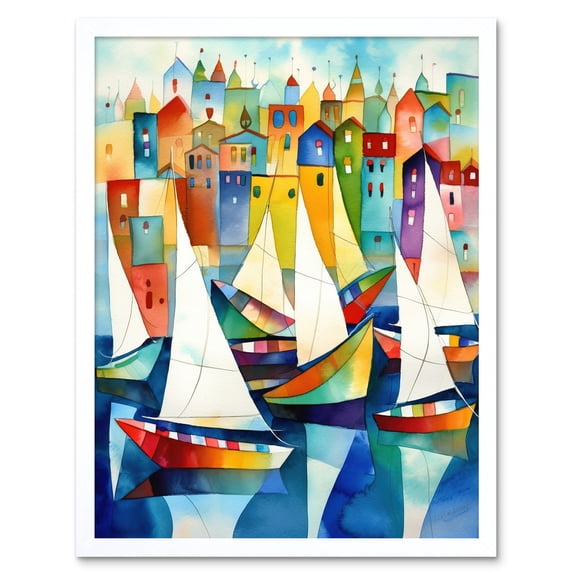 Harbour Boats Folk Art Watercolour Painting Art Print Framed Poster Wall Decor 12x16 inch
