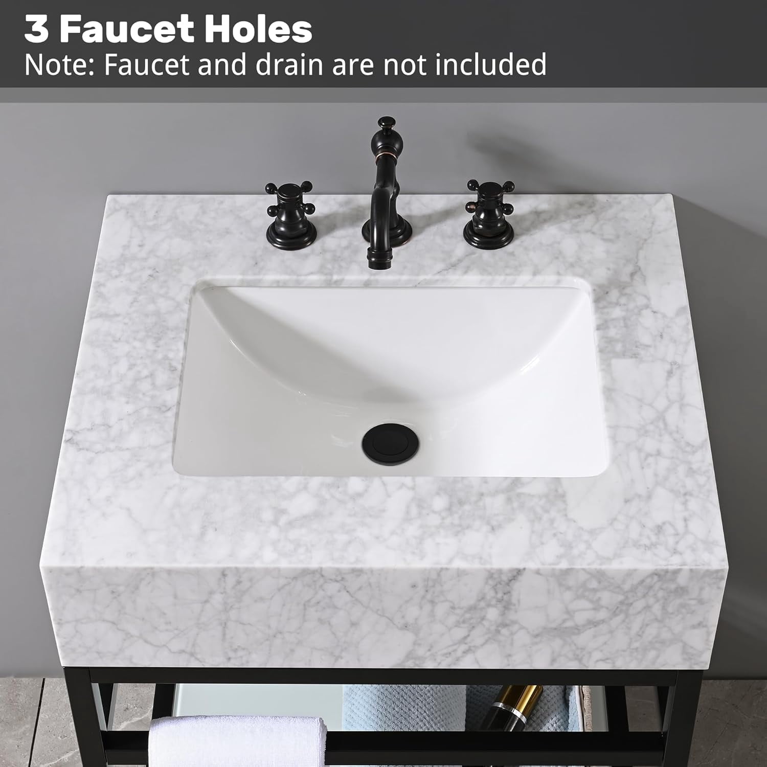GGISHA24"x 21"Freestanding Bathroom Vanity with Sink,Carrara Marble,Black Frame,Tempered Glass Shelf
