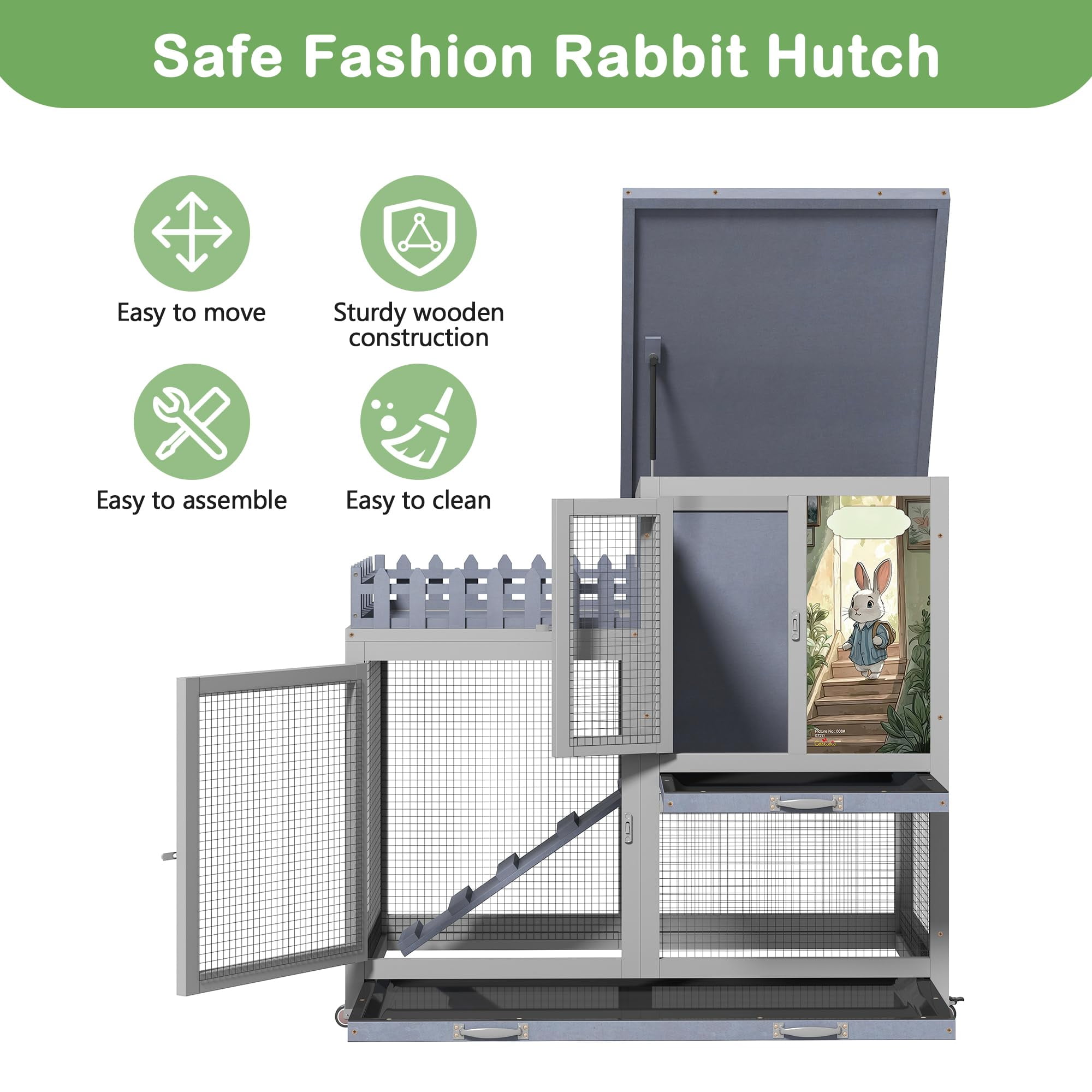 Wooden rabbit cage with balcony, rabbit cage with wheels, suitable for indoor and outdoor use, includes rabbit cage, removable tray, gray with pattern