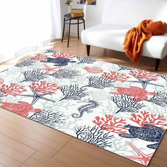 Blue Red Coastal Area Rugs For Bedrooom/Living Room, Area Rug Non-Slip, Sea Turtle Nautical Coral Summer Beach Kids Room Area Rug Washable Accent Floor Carpet Runner Indoor Outdoor