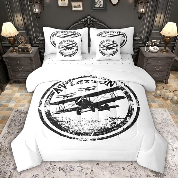 jejeloiu Retro Airplane 7-Piece Twin Bedding Sets,Vintage Aircraft Theme Bedding Comforter Set For Boys Kids Reversible