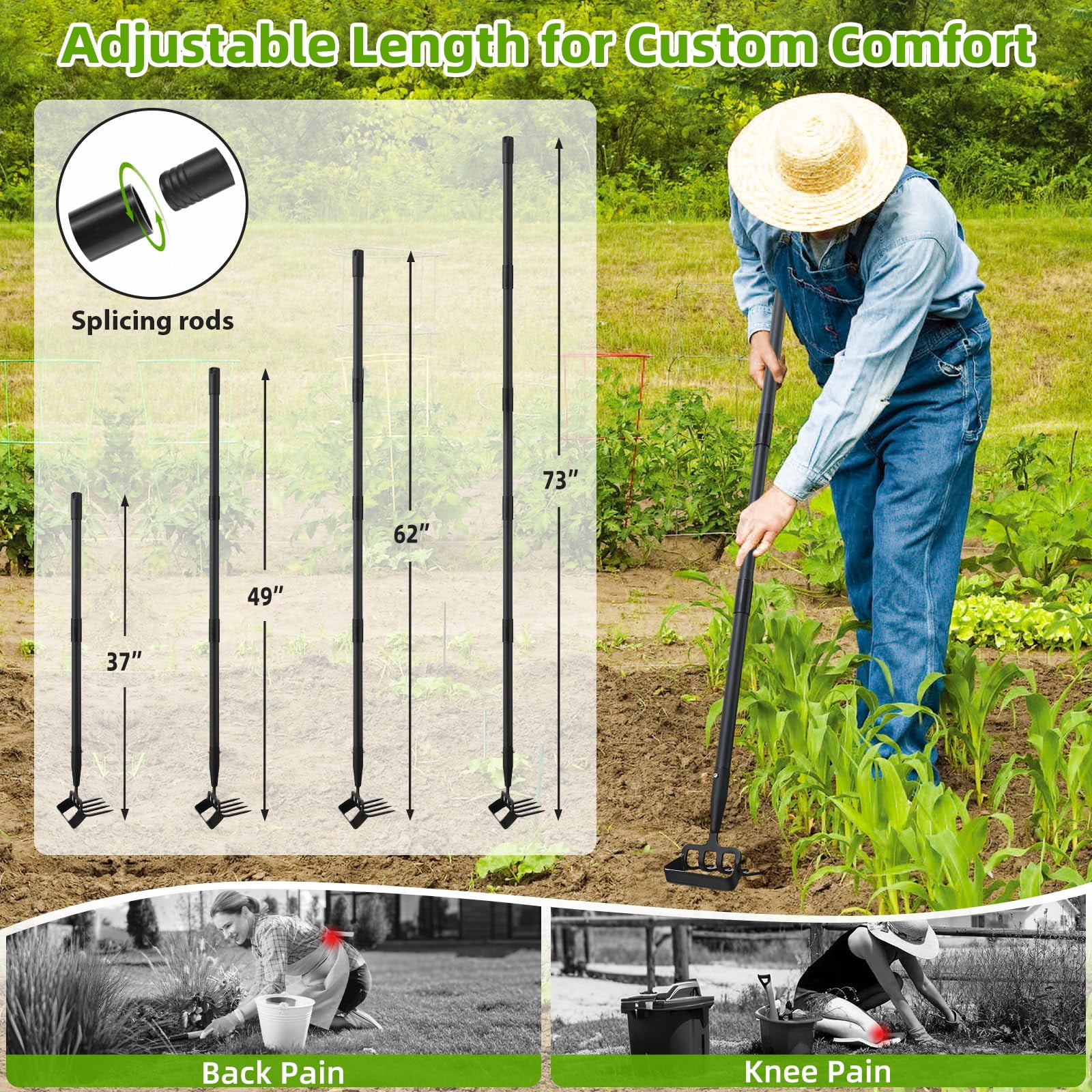 CHEASYOU Stirrup Hoe and Cultivator with 72 Inch Adjustable Long Handle, Heavy Duty 2-in-1 Scuffle Garden Hula Hoe Rake for Weeding, Digging and Cultivating